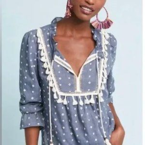 Anthropologie Mauve Chambray Tassel Peasant Top- MEDIUM